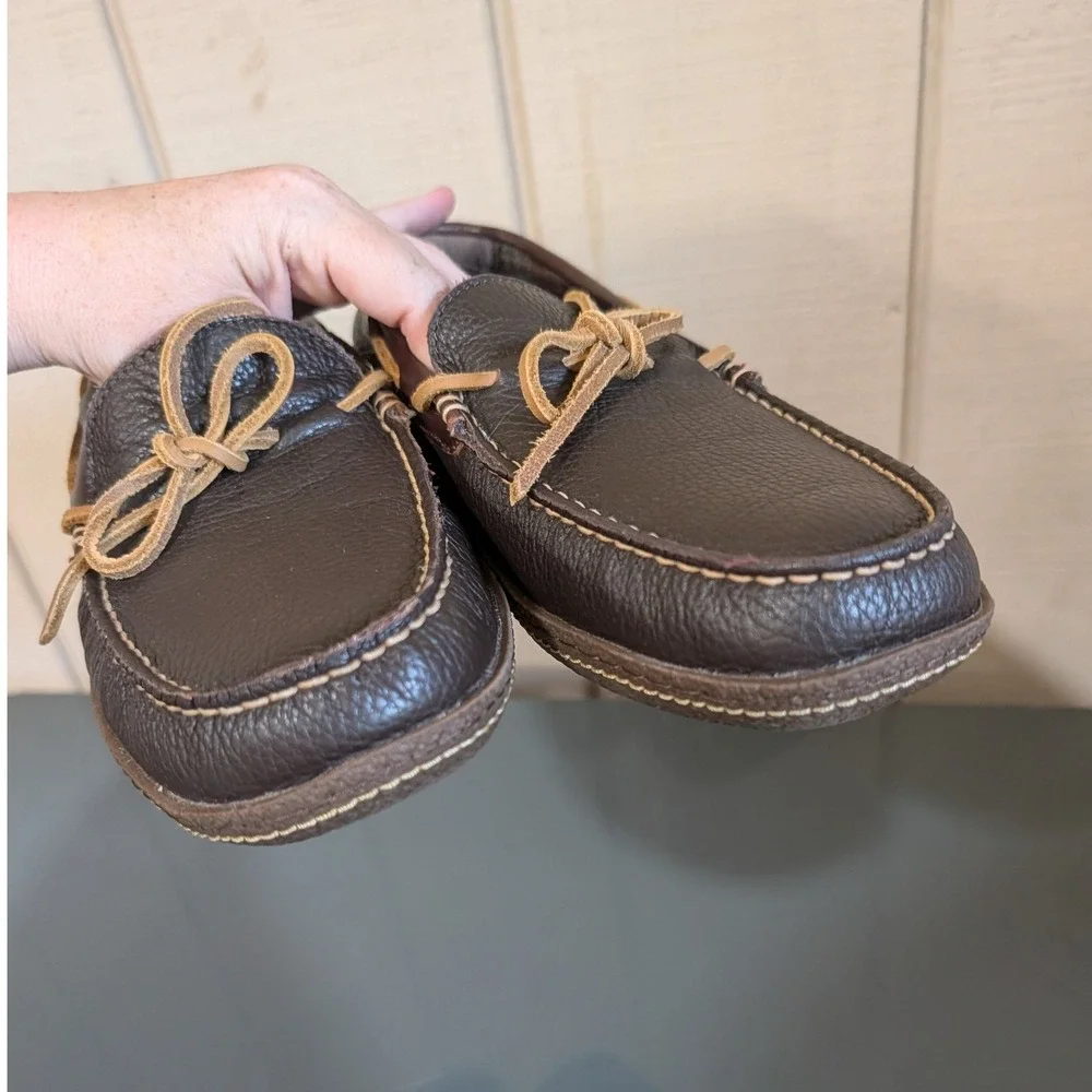 L. L Bean Men's Handsewn Slippers  Flannel-Lined Brown Leather Size 10